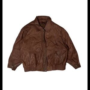Brown leather bomber jacket with